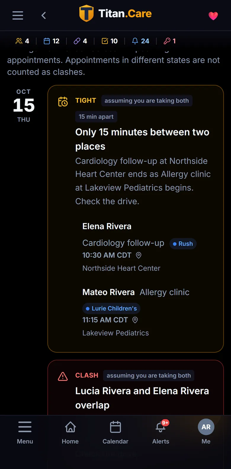 The clash view in Titan.Care, showing an overlap between Elena's cardiology appointment and Lucia's checkup