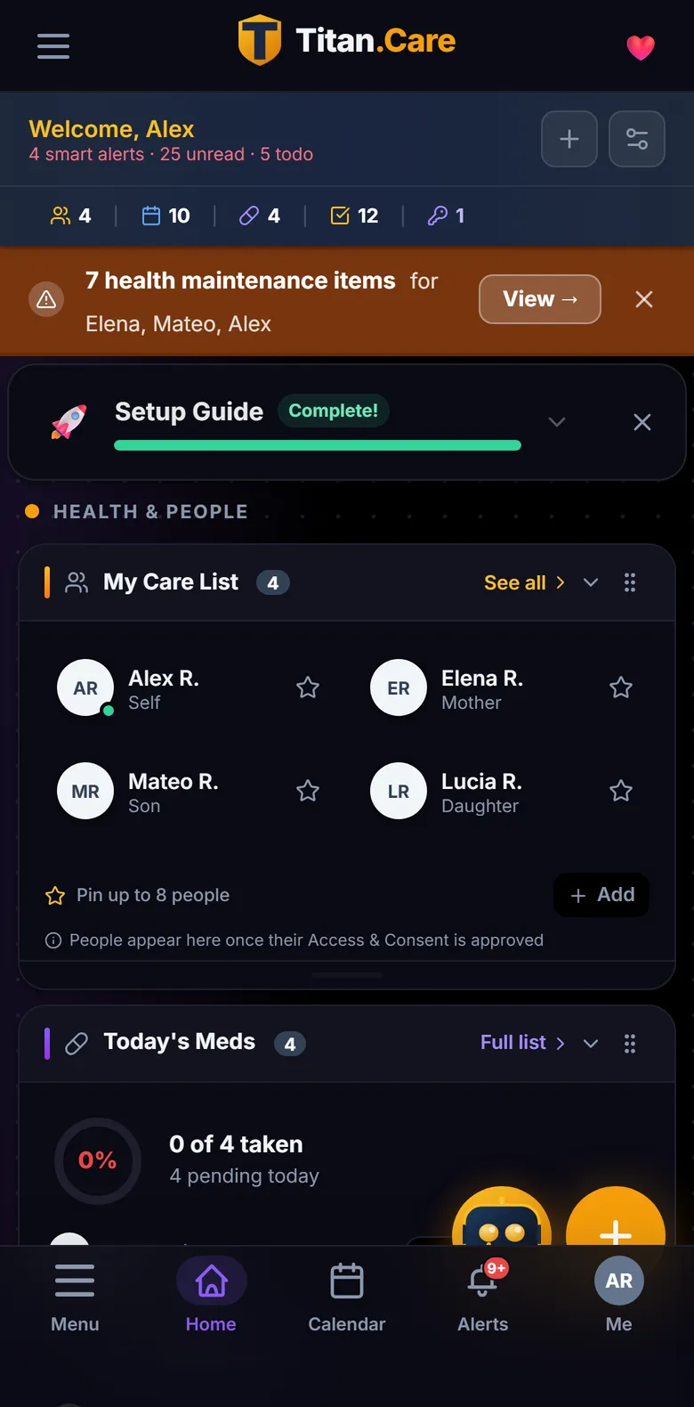 The Titan.Care home screen, showing the family's medications, live vitals and the week's appointments