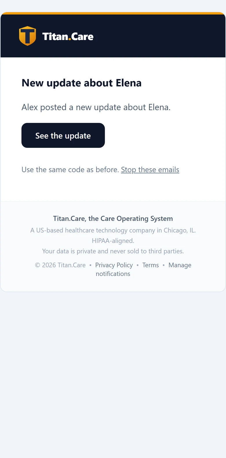 The Titan.Care email: New update about Elena, Alex posted a new update, See the update