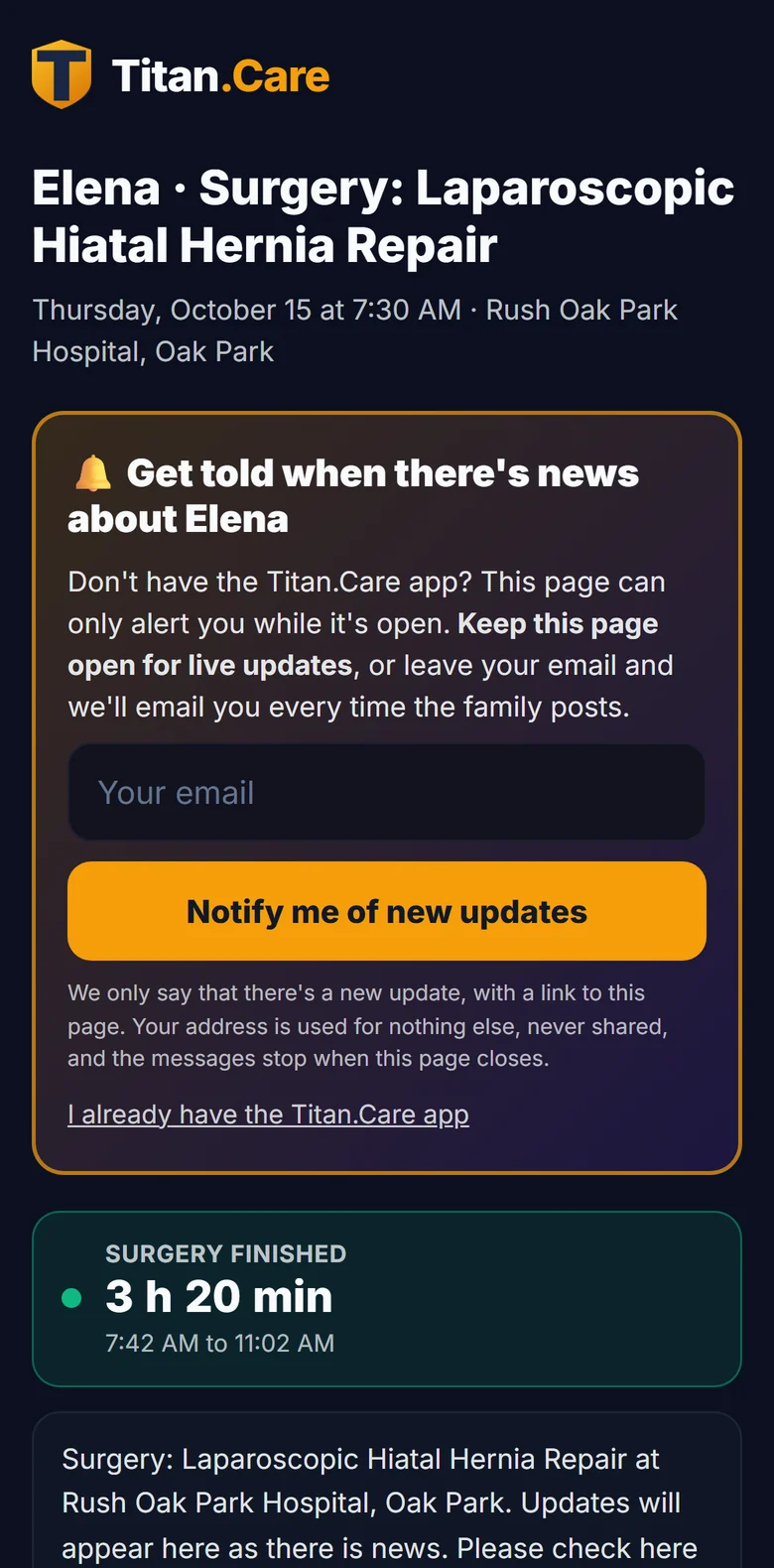 The Family Updates page a relative opens, with a card to get an email when there is news