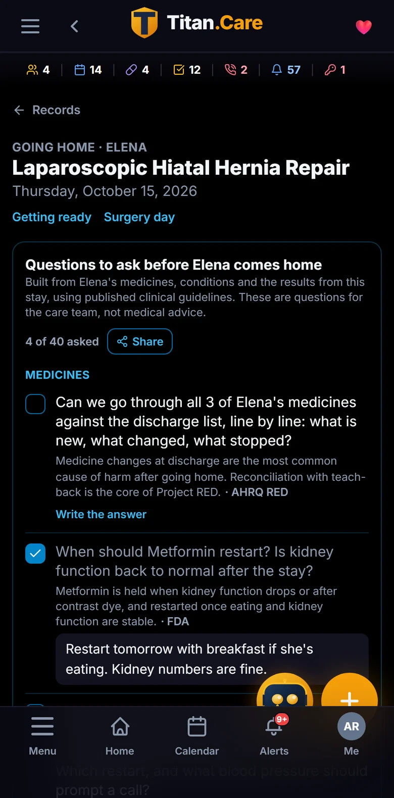 The Going home page in Titan.Care with discharge questions built from Elena's medicines and results