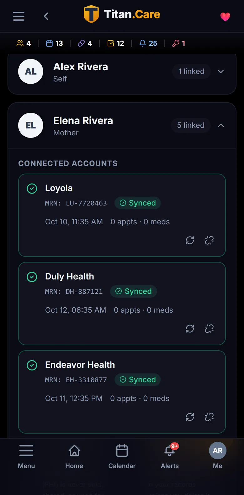 Elena's connected health systems in Titan.Care: Loyola, Duly Health, Endeavor Health, Northwestern and Rush, each marked as synced